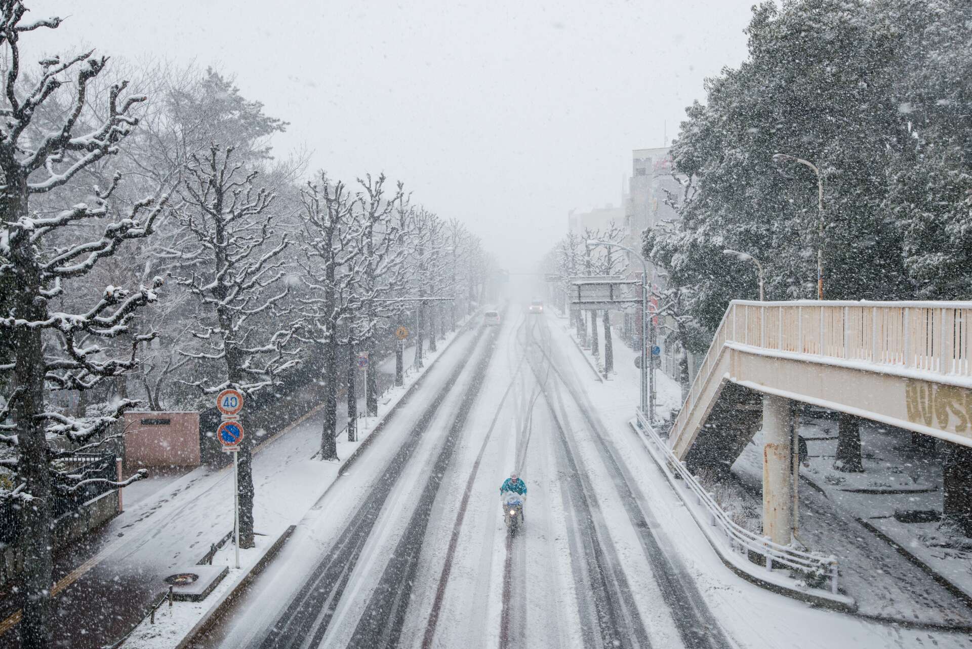 Leicht schneebeckte Fahrbahn auf der ein einsamer Radfahrer unterwegs ist.