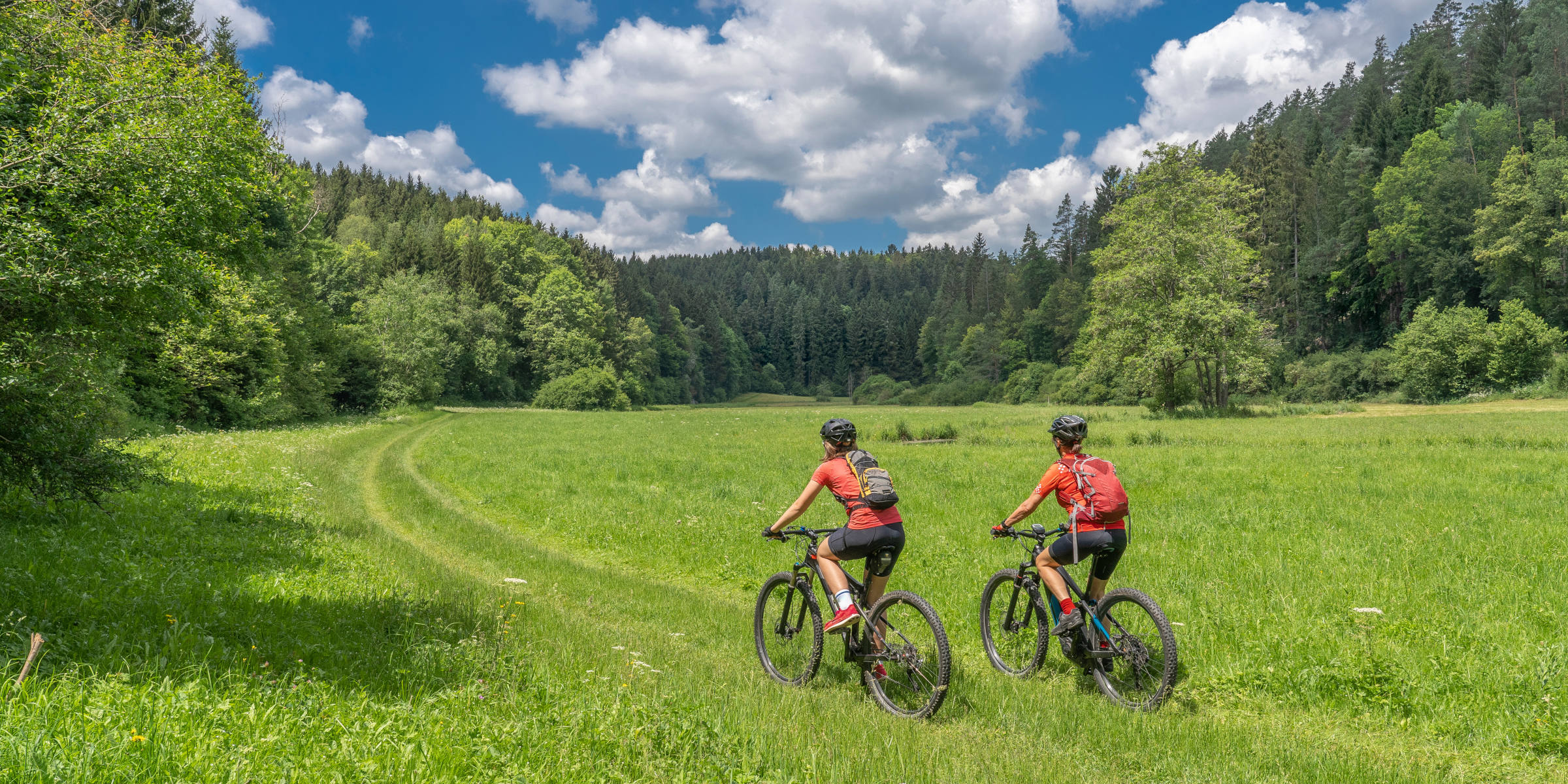 Zwei Frauen fahren durch die Natur auf E-Bikes