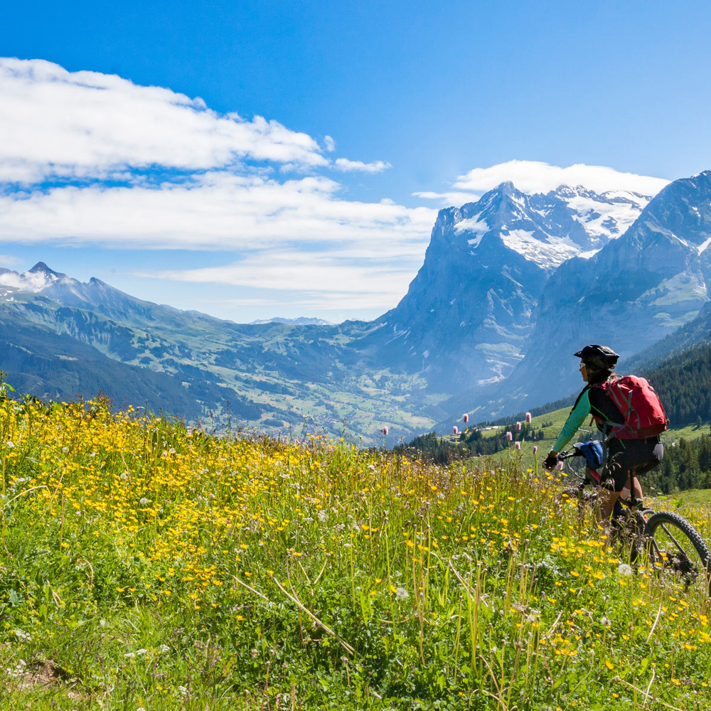 Frau fährt mit einem E-Mountainbike durch die Schweizer Alpen