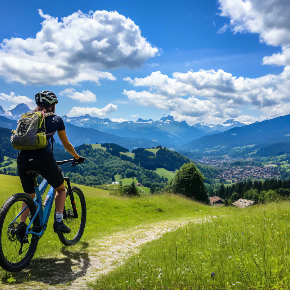 Frau auf E-Mountainbike fährt durch die Berge