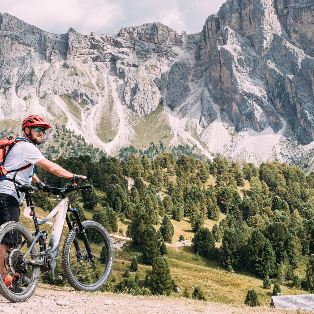 Person hält ein E-Bike auf einem Berg fest